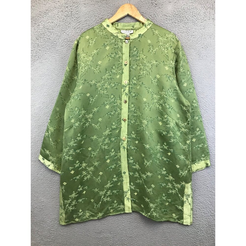 Citron Santa Monica Women's Silk Asian Print Green Button up size 1